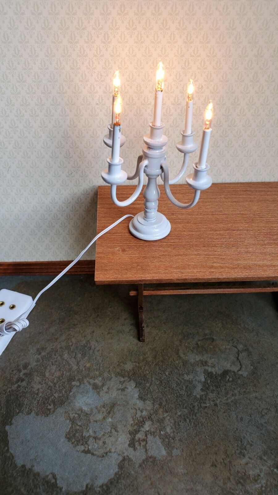Dollhouse Candelabra White Large 12 Volt Electric with Plug Miniature Light Lamp - Miniature Crush