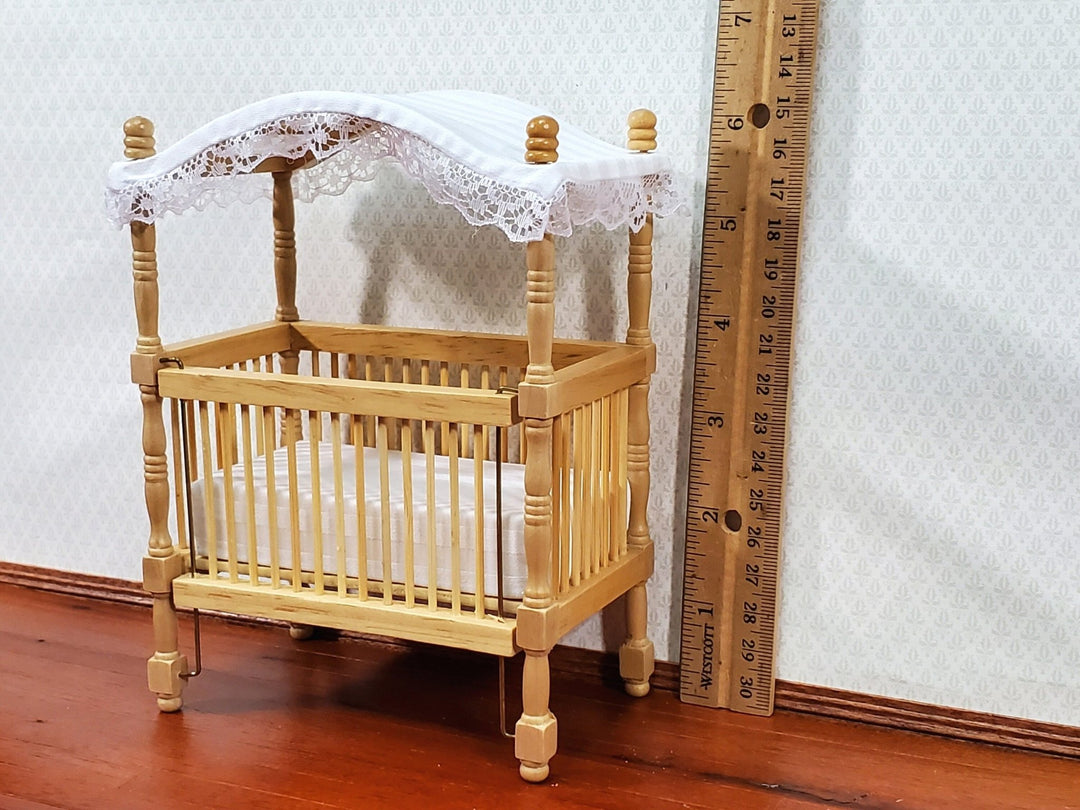 Dollhouse Canopy Crib Light Oak Finish 1:12 Scale Miniature Nursery Furniture - Miniature Crush