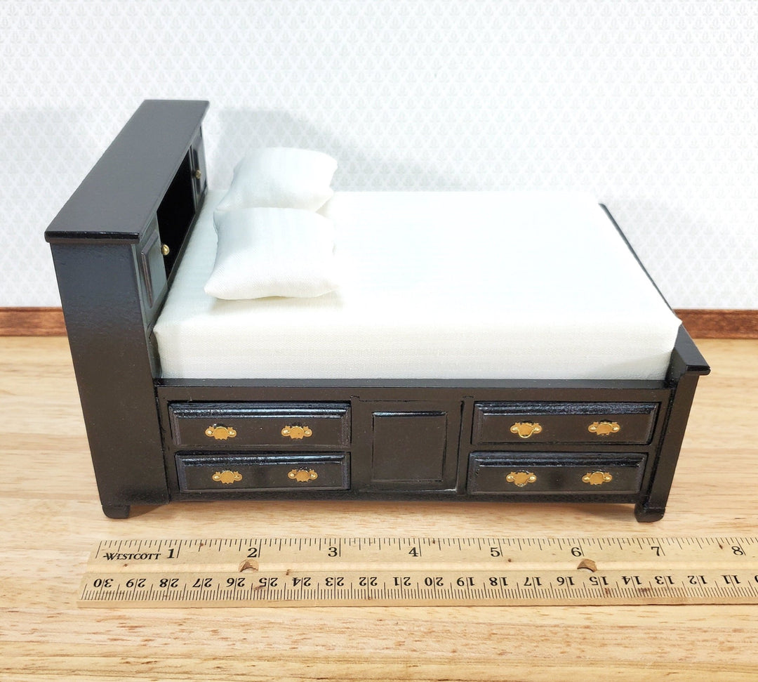 Dollhouse Captain's Bed with Drawers Double Black Finish 1:12 Scale Bedroom Furniture - Miniature Crush