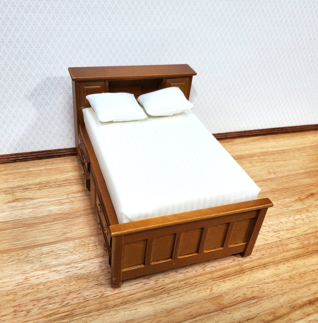 Dollhouse Captains Bed with Drawers Double Walnut Finish 1:12 Scale Bedroom Furniture - Miniature Crush