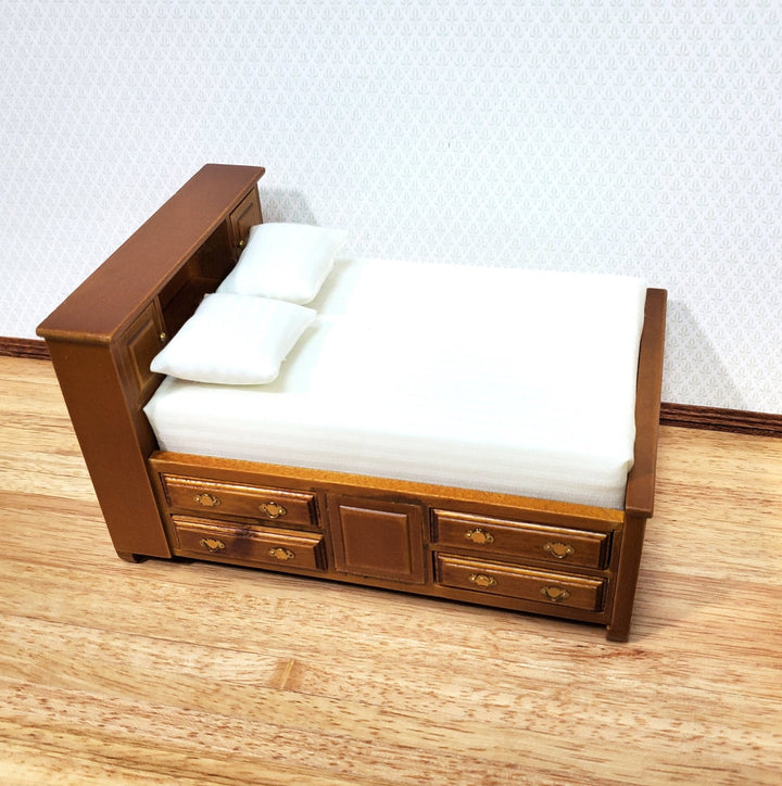 Dollhouse Captains Bed with Drawers Double Walnut Finish 1:12 Scale Bedroom Furniture - Miniature Crush