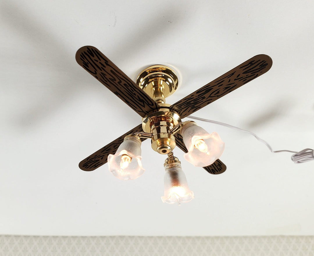 Dollhouse Ceiling Fan Light 12 Volt with Plug 1:12 Scale Miniature Tulip Shades - Miniature Crush