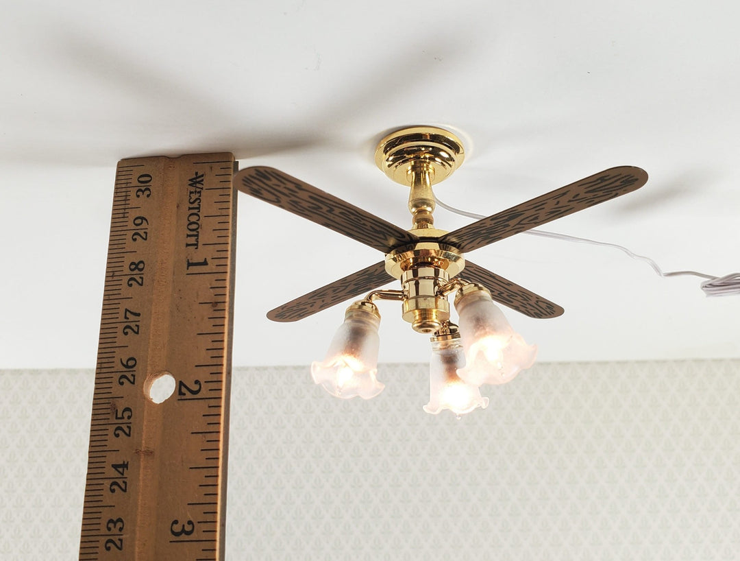 Dollhouse Ceiling Fan Light 12 Volt with Plug OPEN BOX 1:12 Scale Miniature Tulip Shades - Miniature Crush