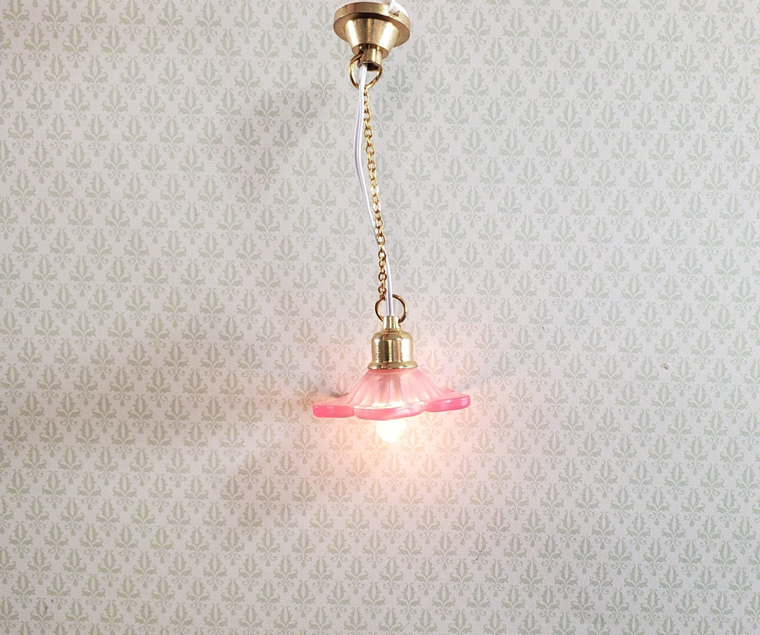 Dollhouse Ceiling Light Frosted Flower Shade PINK 1:12 Scale 12 Volt with Plug - Miniature Crush