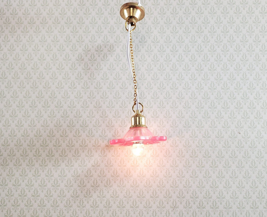 Dollhouse Ceiling Light Frosted Flower Shade PINK 1:12 Scale 12 Volt with Plug - Miniature Crush