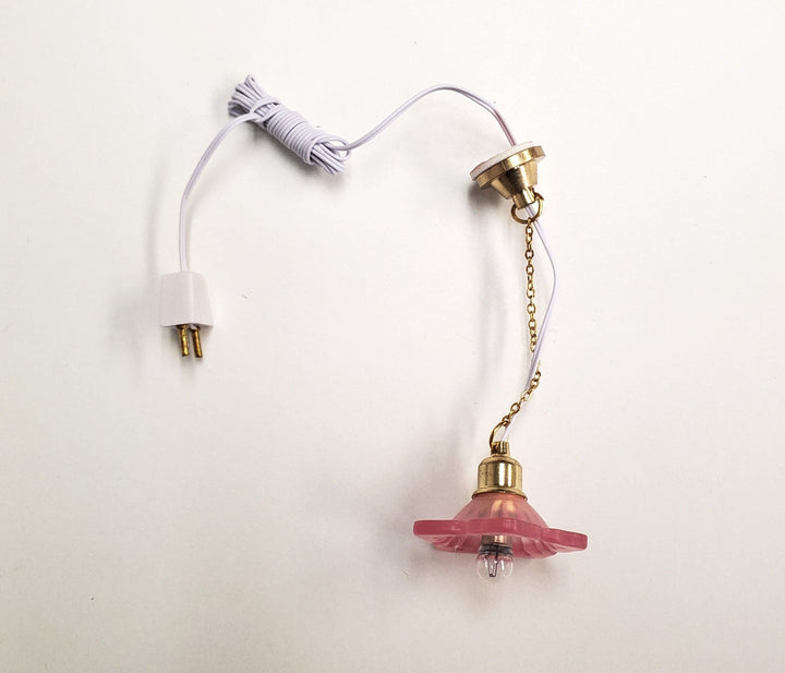 Dollhouse Ceiling Light Frosted Flower Shade PINK 1:12 Scale 12 Volt with Plug - Miniature Crush