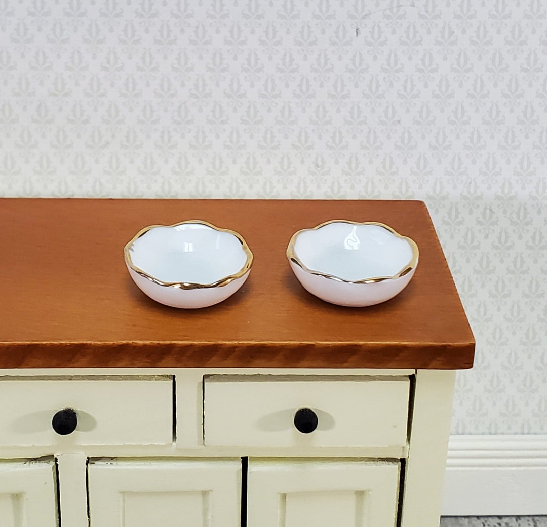 Dollhouse Ceramic Bowls x2 White Scalloped Rim Gold Trim 1:12 Scale Miniature Kitchen - Miniature Crush