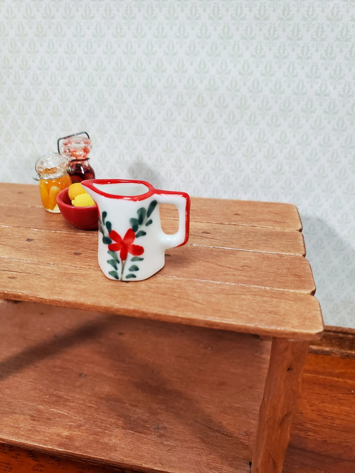 Dollhouse Ceramic Pitcher White Green Red Floral Design with Handle 1:12 Scale Miniature Kitchen Dishes - Miniature Crush