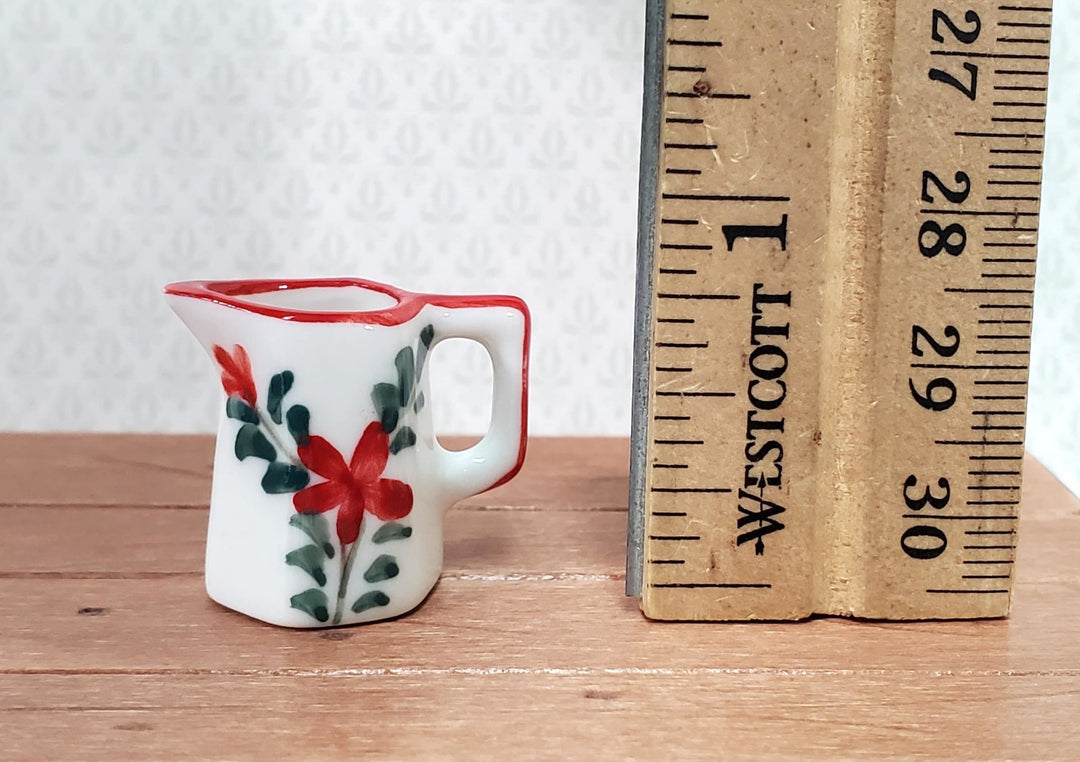 Dollhouse Ceramic Pitcher White Green Red Floral Design with Handle 1:12 Scale Miniature Kitchen Dishes - Miniature Crush