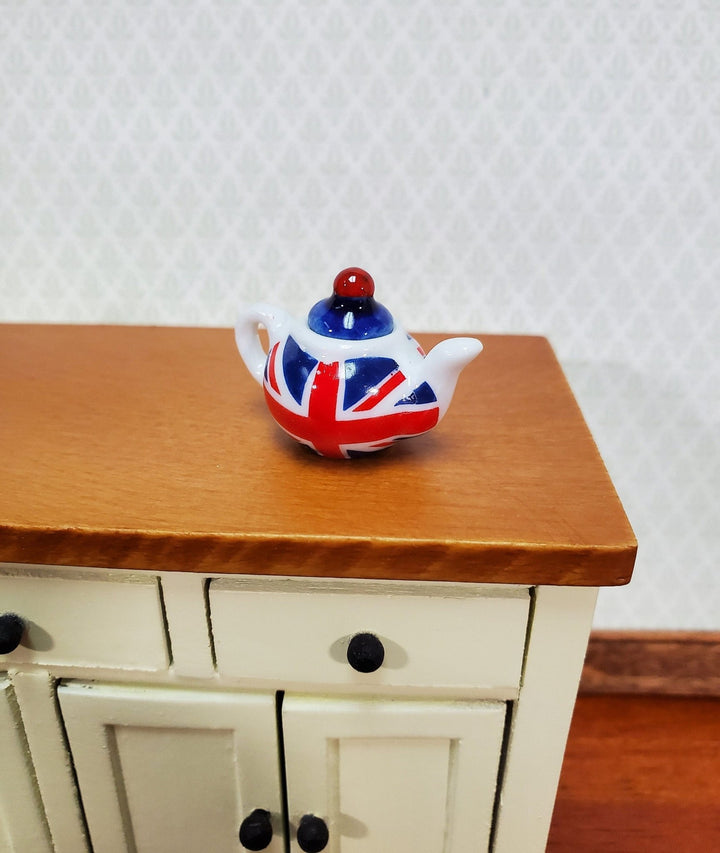 Dollhouse Ceramic Teapot with Removable Lid British Union Jack Flag 1:12 Scale Miniature - Miniature Crush