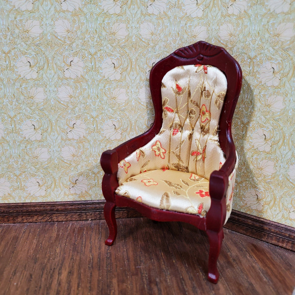 Dollhouse Chair Victorian Style Gold Floral Print 1:12 Scale Miniature Mahogany Finish - Miniature Crush