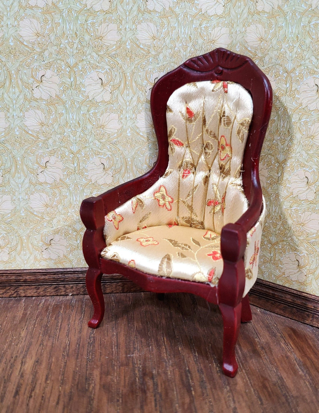 Dollhouse Chair Victorian Style Gold Floral Print 1:12 Scale Miniature Mahogany Finish - Miniature Crush