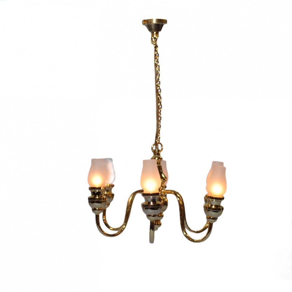 Dollhouse Chandelier Gold 6 Arm with Frosted Globes 12 Volt Electric 1:12 Scale Miniature - Miniature Crush