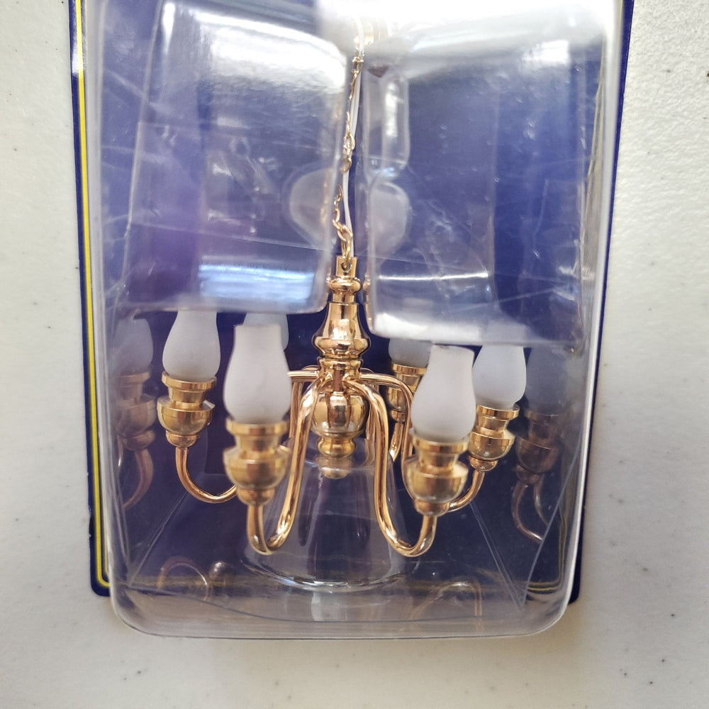 Dollhouse Chandelier Gold 6 Arm with Frosted Globes 12 Volt Electric 1:12 Scale Miniature - Miniature Crush