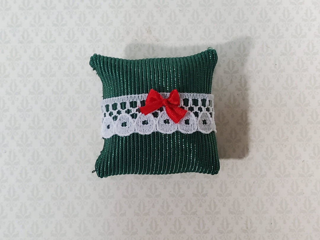 Dollhouse Christmas Pillow Green Lace Red Bow Handmade 1:12 Scale Miniature - Miniature Crush