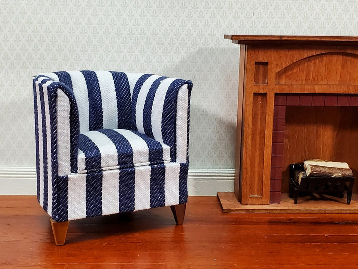 Dollhouse Club Chair Navy & White Wide Striped Modern Style 1:12 Scale Miniature Furniture - Miniature Crush