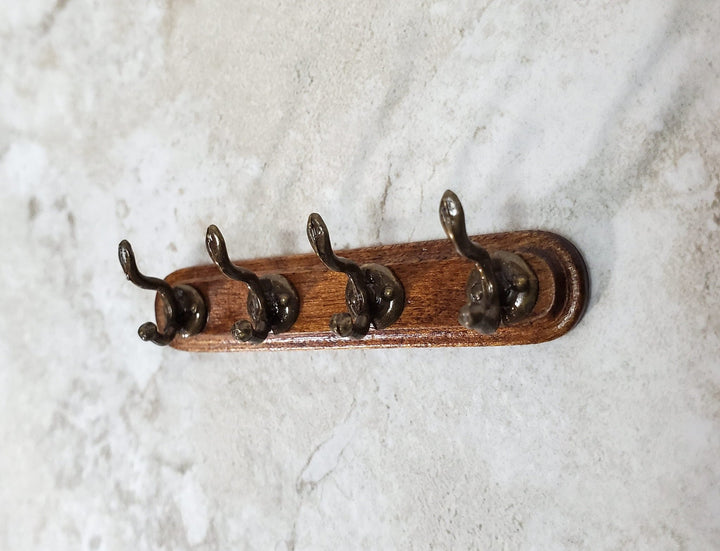 Dollhouse Coat Hooks Wall Rack Wood and Metal 1:12 Scale Miniature Antique Brass Finish - Miniature Crush