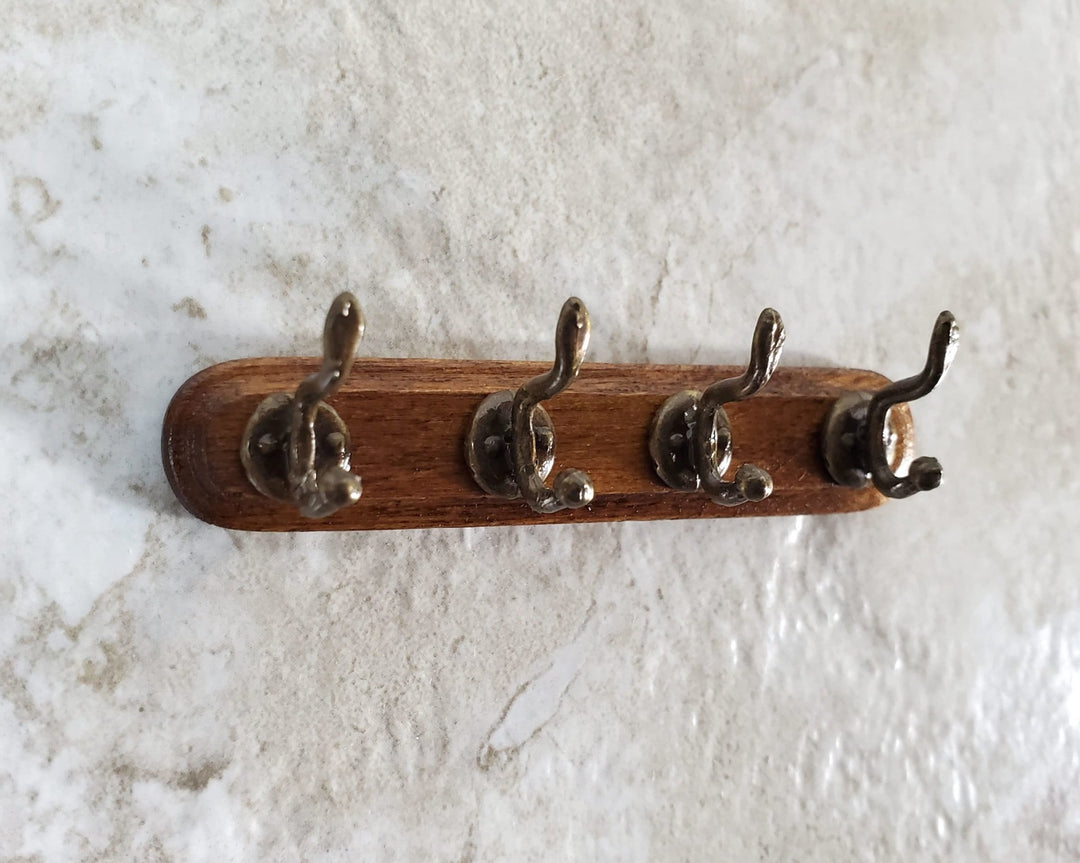 Dollhouse Coat Hooks Wall Rack Wood and Metal 1:12 Scale Miniature Antique Brass Finish - Miniature Crush