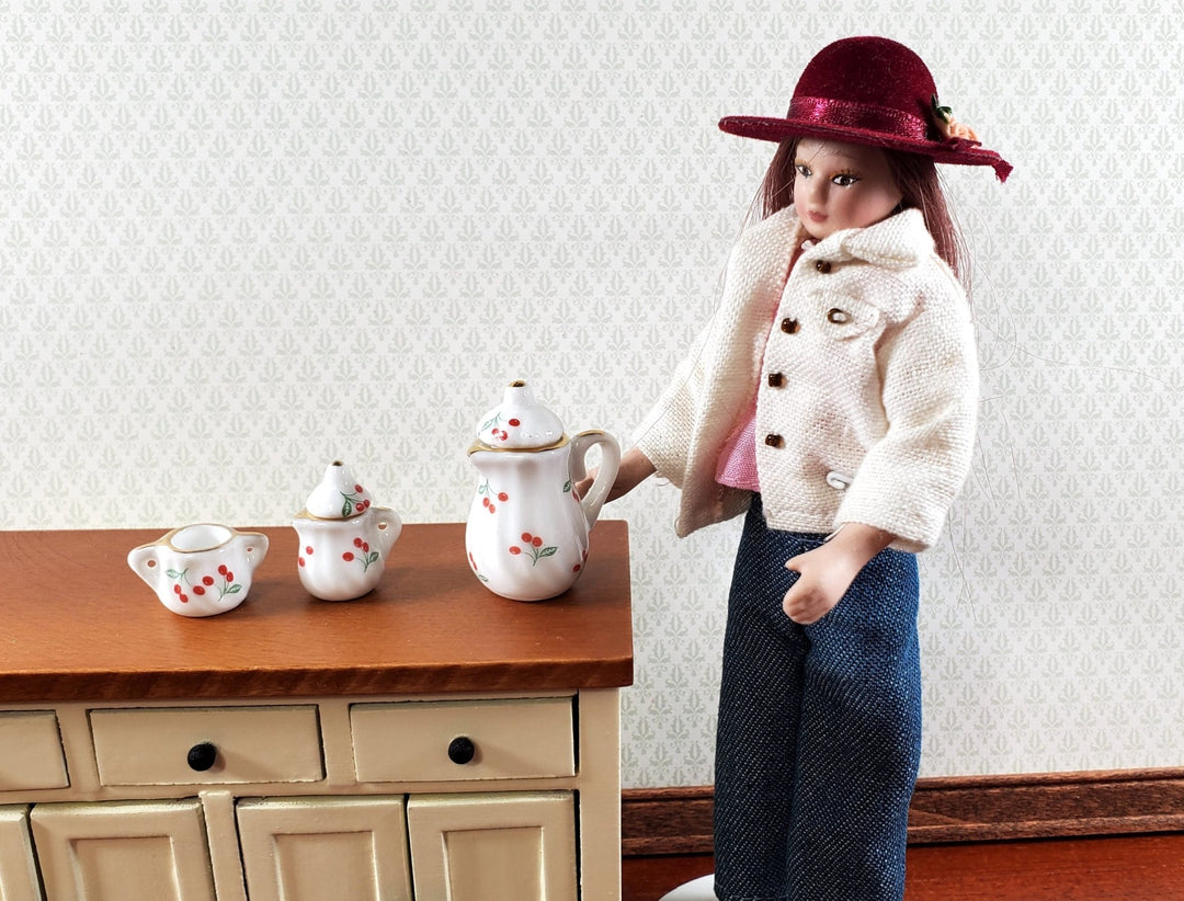 Dollhouse Coffee Pot Set with Creamer and Sugar Ceramic Cherry Design 1:12 Scale - Miniature Crush