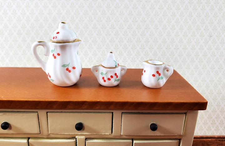 Dollhouse Coffee Pot Set with Creamer and Sugar Ceramic Cherry Design 1:12 Scale - Miniature Crush