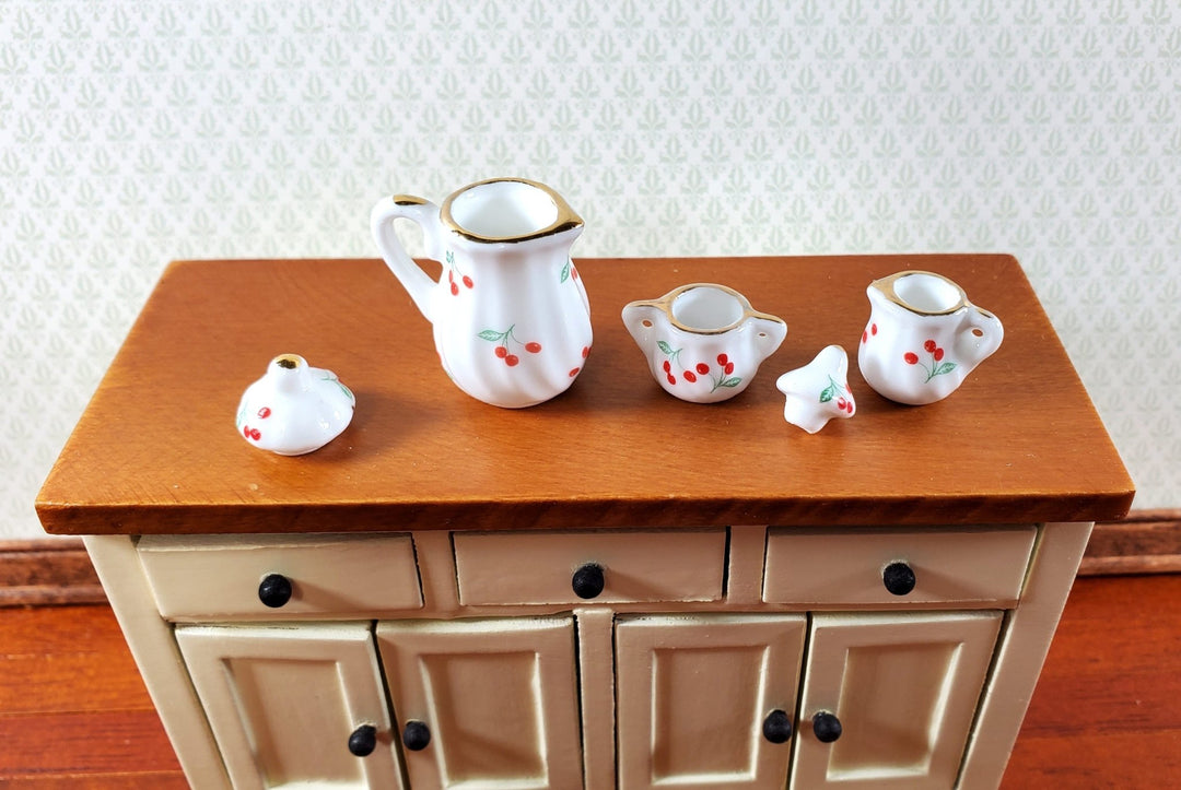 Dollhouse Coffee Pot Set with Creamer and Sugar Ceramic Cherry Design 1:12 Scale - Miniature Crush