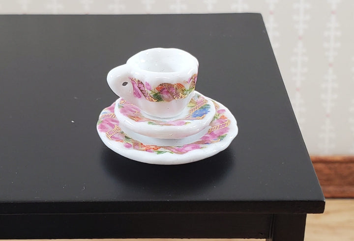 Dollhouse Coffee Set Dinner Plates Pink Floral Ceramic 1:12 Scale Miniature - Miniature Crush