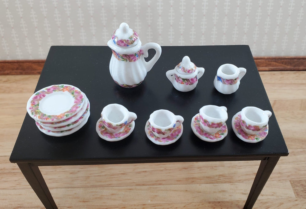 Dollhouse Coffee Set Dinner Plates Pink Floral Ceramic 1:12 Scale Miniature - Miniature Crush