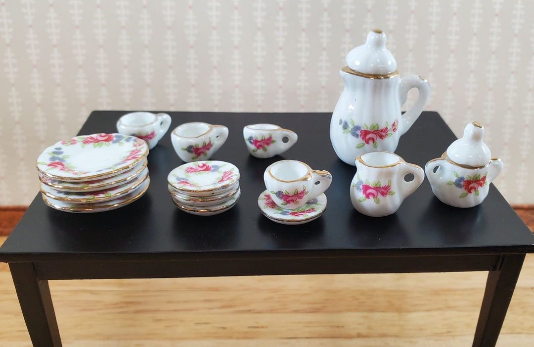 Dollhouse Coffee Set Dinner Plates Pink Roses Ceramic 1:12 Scale Miniature - Miniature Crush