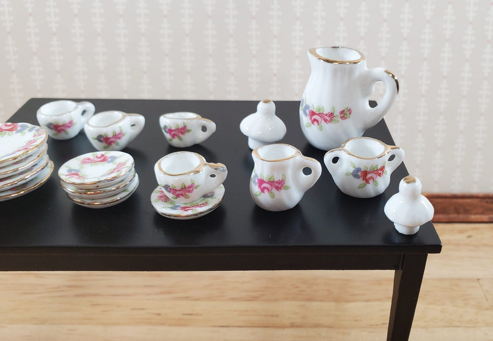 Dollhouse Coffee Set Dinner Plates Pink Roses Ceramic 1:12 Scale Miniature - Miniature Crush