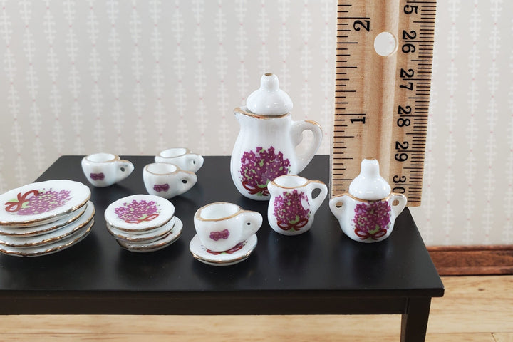Dollhouse Coffee Set Dinner Plates Purple Bouquet Ceramic 1:12 Scale Miniature - Miniature Crush