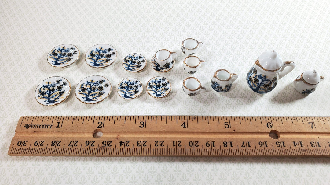 Dollhouse Coffee Set with Plates Blue Tree Design Ceramic 1:12 Scale Miniature - Miniature Crush