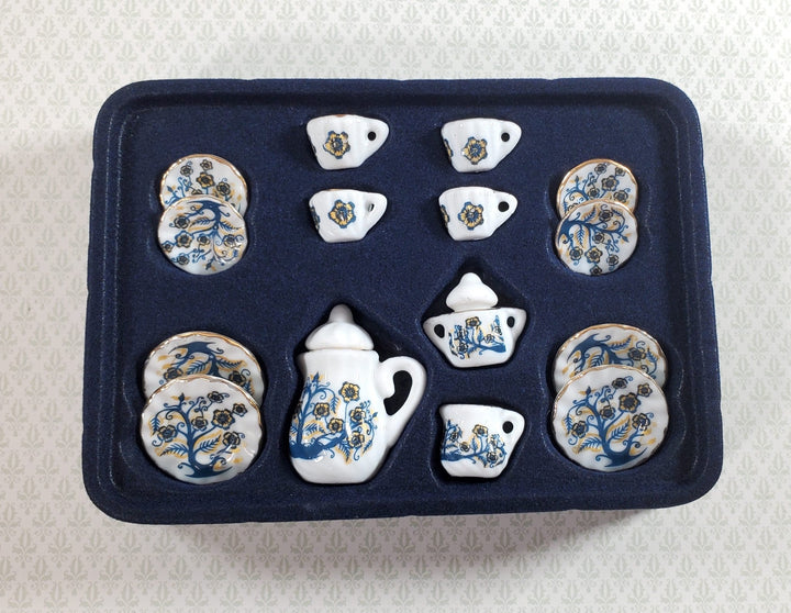 Dollhouse Coffee Set with Plates Blue Tree Design Ceramic 1:12 Scale Miniature - Miniature Crush