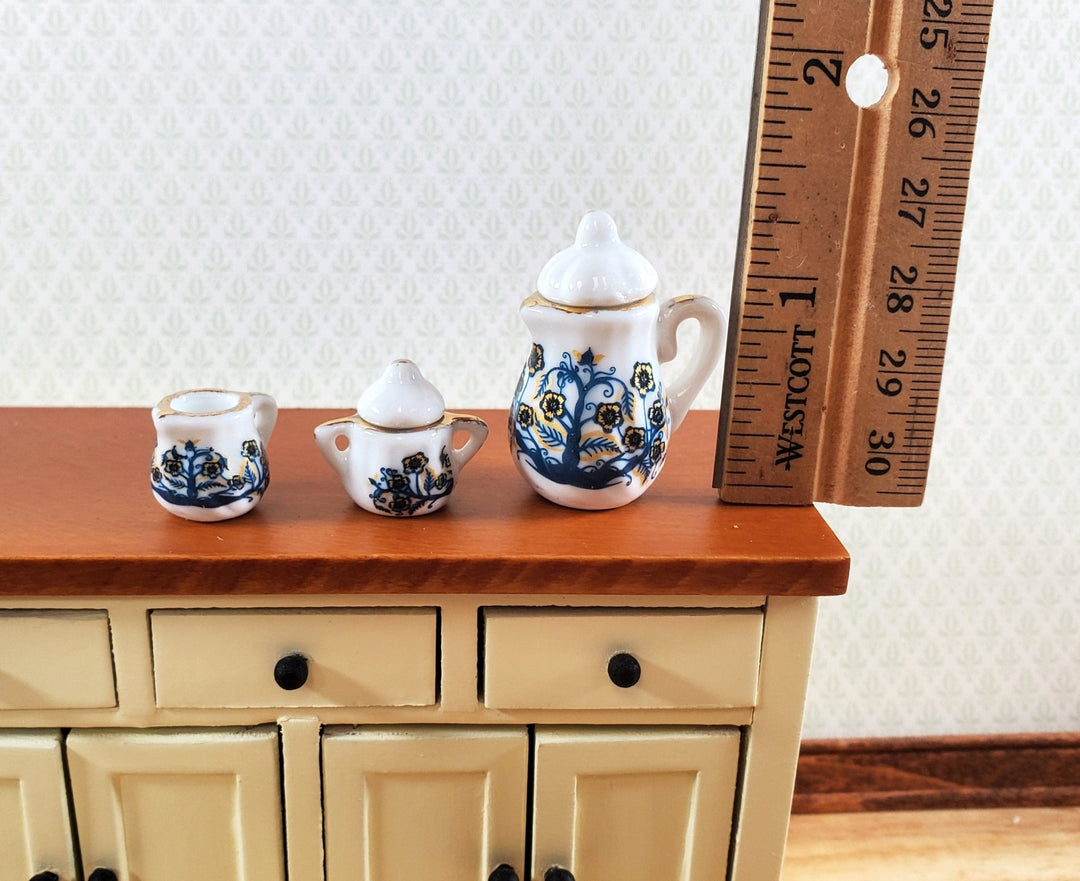 Dollhouse Coffee Set with Plates Blue Tree Design Ceramic 1:12 Scale Miniature - Miniature Crush