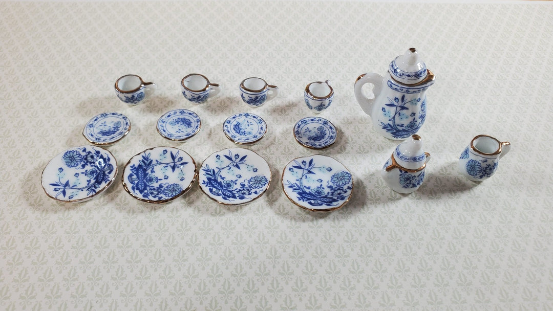 Dollhouse Coffee Set with Plates Blue White Floral Ceramic 1:12 Scale Miniature - Miniature Crush