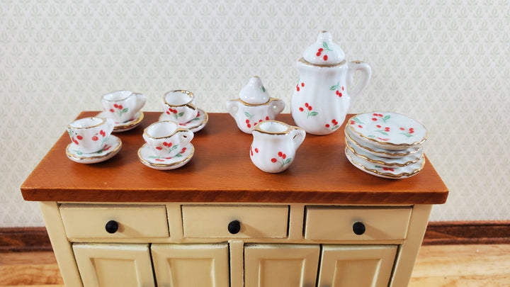 Dollhouse Coffee Set with Plates Cherries Design Ceramic 1:12 Scale Miniature - Miniature Crush