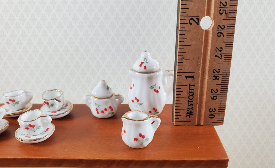 Dollhouse Coffee Set with Plates Cherries Design Ceramic 1:12 Scale Miniature - Miniature Crush