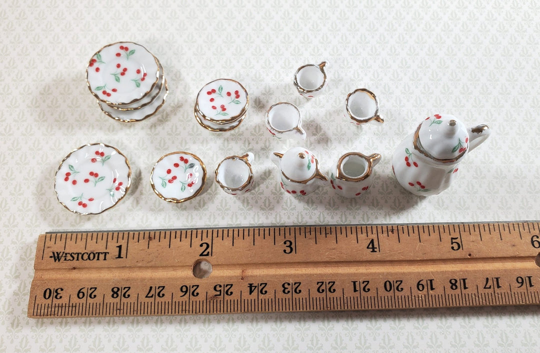 Dollhouse Coffee Set with Plates Cherries Design Ceramic 1:12 Scale Miniature - Miniature Crush