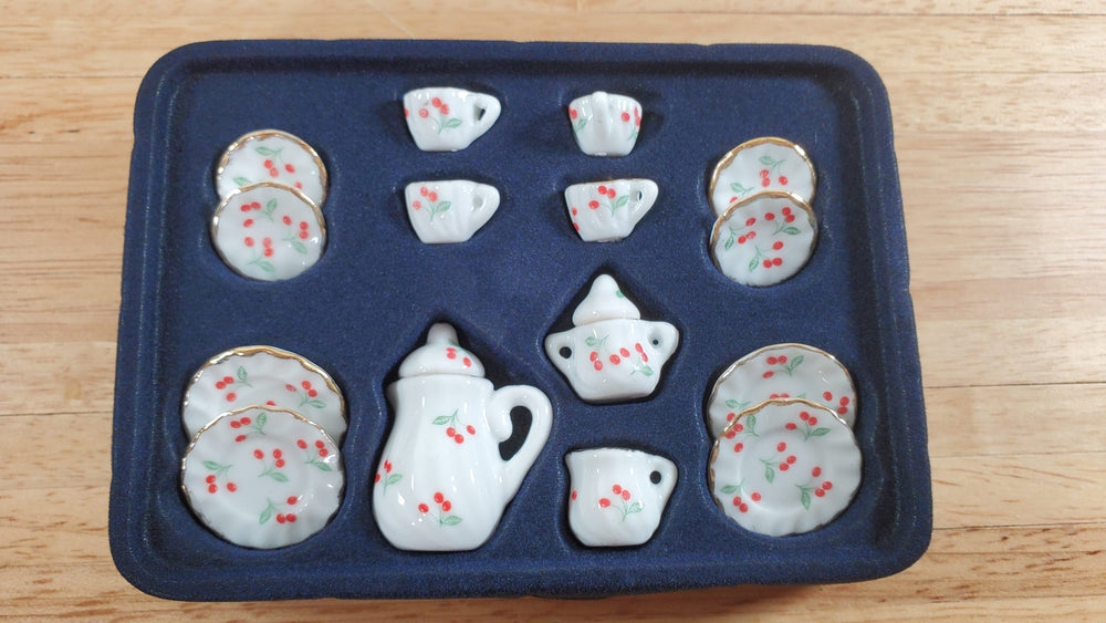 Dollhouse Coffee Set with Plates Cherries Design Ceramic 1:12 Scale Miniature - Miniature Crush