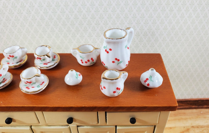 Dollhouse Coffee Set with Plates Cherries Design Ceramic 1:12 Scale Miniature - Miniature Crush