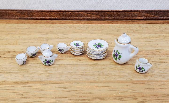 Dollhouse Coffee Tea Set Large Ceramic Plates Cups Saucers Purple & White Floral - Miniature Crush