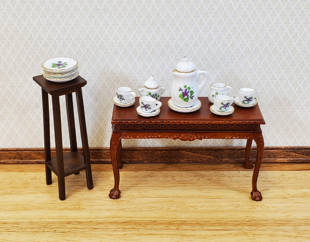 Dollhouse Coffee Tea Set Large Ceramic Plates Cups Saucers Purple & White Floral - Miniature Crush