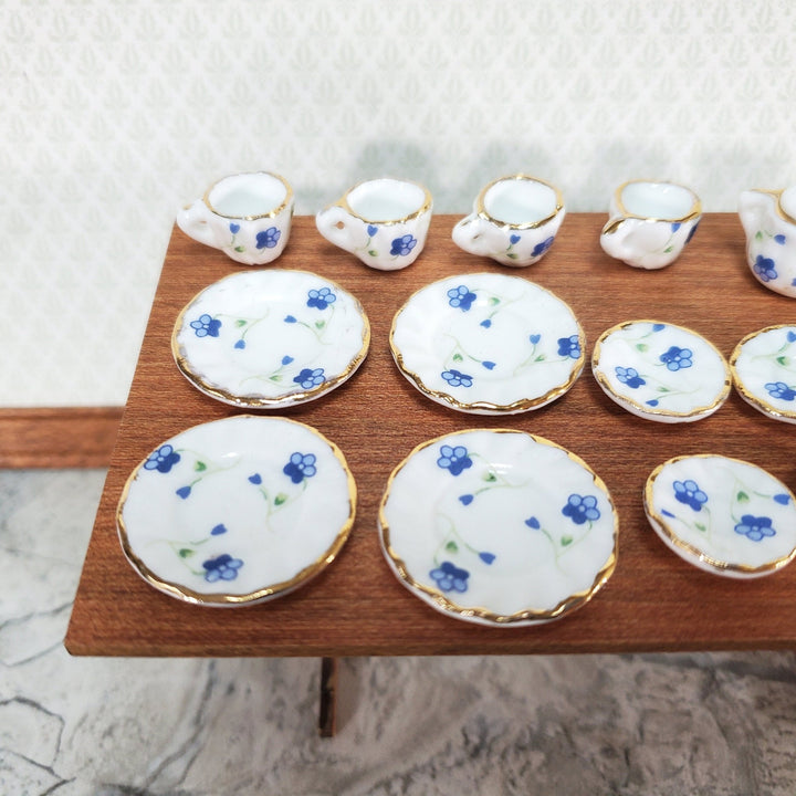 Dollhouse Coffee Tea Set Large Ceramic Pot Plates Cups Saucers 1:12 Scale Blue White - Miniature Crush