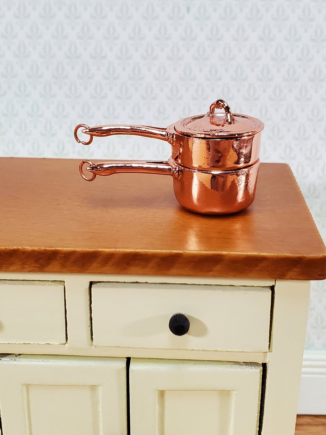 Dollhouse Copper Double Boiler Pots + Lid Cooking Pans 1:12 Scale Miniature Kitchen Falcon Miniatures - Miniature Crush