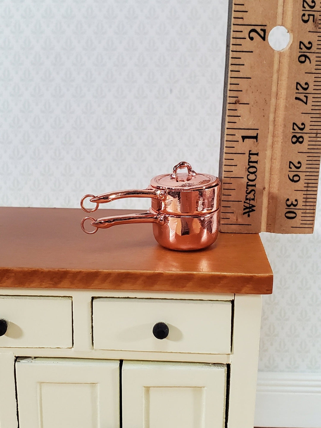 Dollhouse Copper Double Boiler Pots + Lid Cooking Pans 1:12 Scale Miniature Kitchen Falcon Miniatures - Miniature Crush