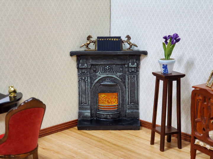 Dollhouse Corner Fireplace with Fire Black Resin 1:12 Scale Miniature Furniture - Miniature Crush