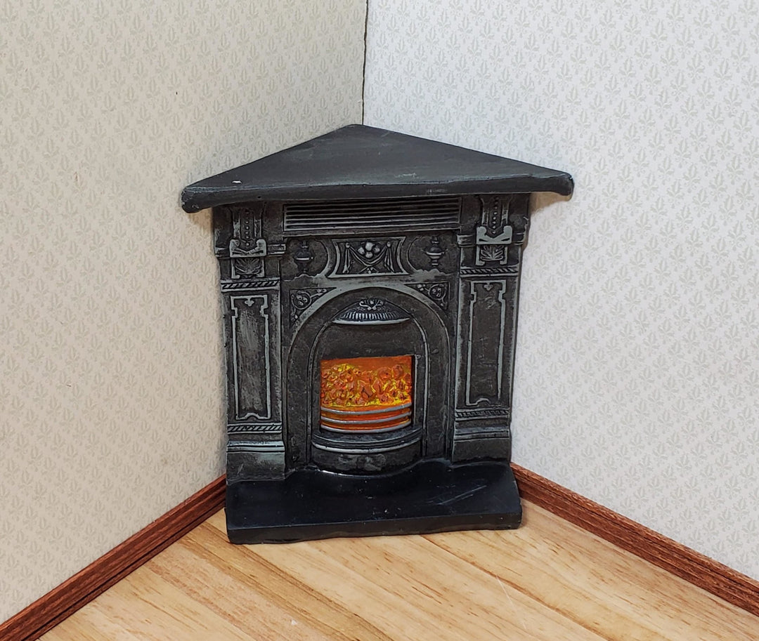 Dollhouse Corner Fireplace with Fire Black Resin 1:12 Scale Miniature Furniture - Miniature Crush