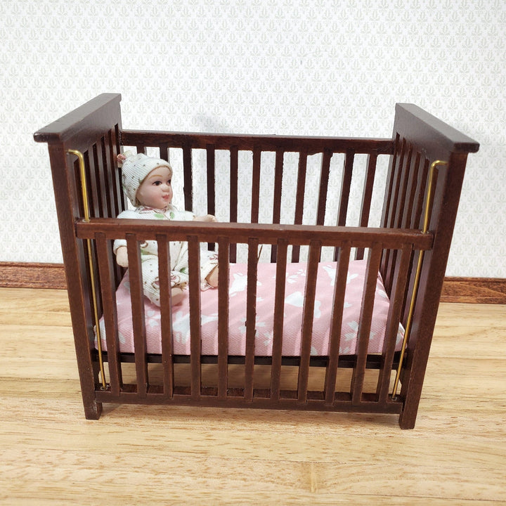 Dollhouse Crib Wood Drop Side Dark Walnut 1:12 Scale Miniature Nursery Furniture - Miniature Crush