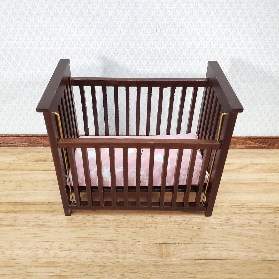 Dollhouse Crib Wood Drop Side Dark Walnut 1:12 Scale Miniature Nursery Furniture - Miniature Crush