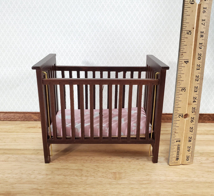 Dollhouse Crib Wood Drop Side Dark Walnut 1:12 Scale Miniature Nursery Furniture - Miniature Crush