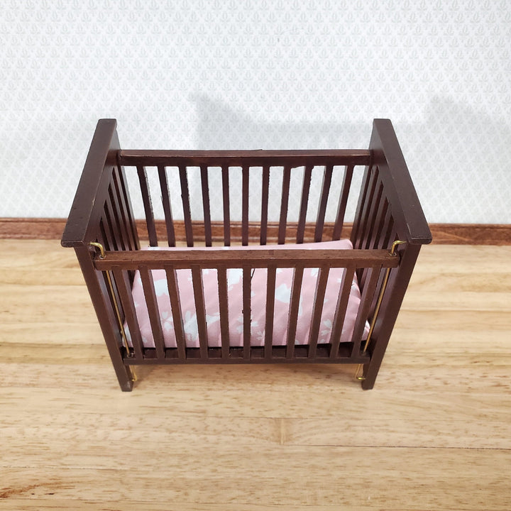 Dollhouse Crib Wood Drop Side Dark Walnut 1:12 Scale Miniature Nursery Furniture - Miniature Crush